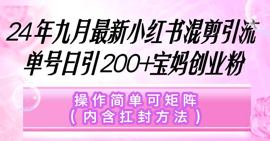 小红书混剪引流,单号日引200+宝妈创业粉,操作简单可矩阵(内含扛封…