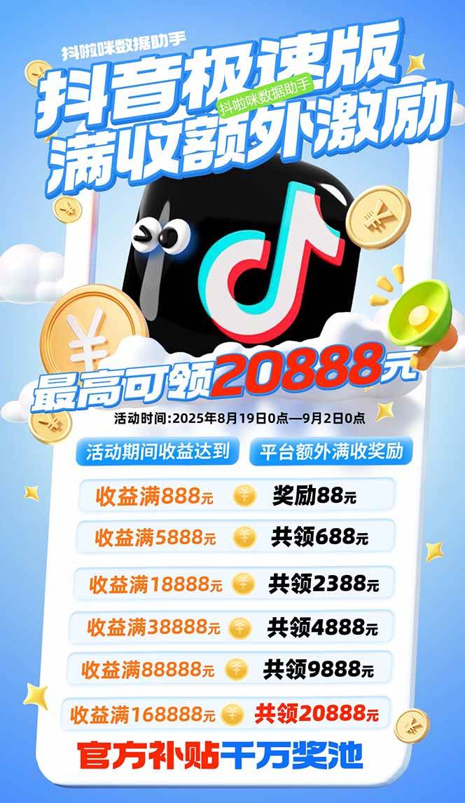 抖音极速版拉新,平台大力扶持,每单15元,万播转化无上限,平台额外满…