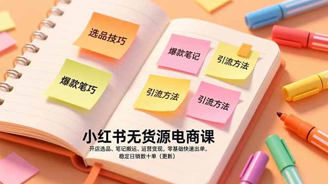 小红书无货源电商课,开店选品、笔记搬运、运营变现,零基础快速出单,稳定日销数十单