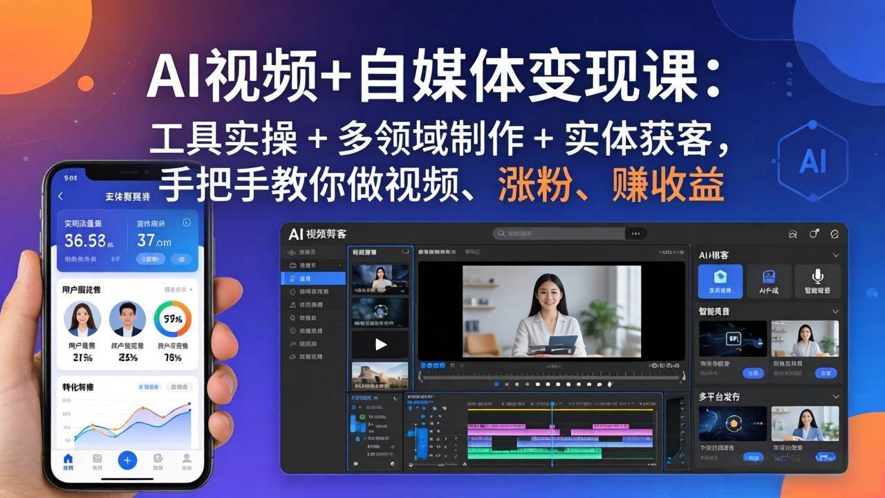 AI视频+自媒体变现课:工具实操 + 多领域制作 + 实体获客,手把手教你做视频、涨粉、赚收益