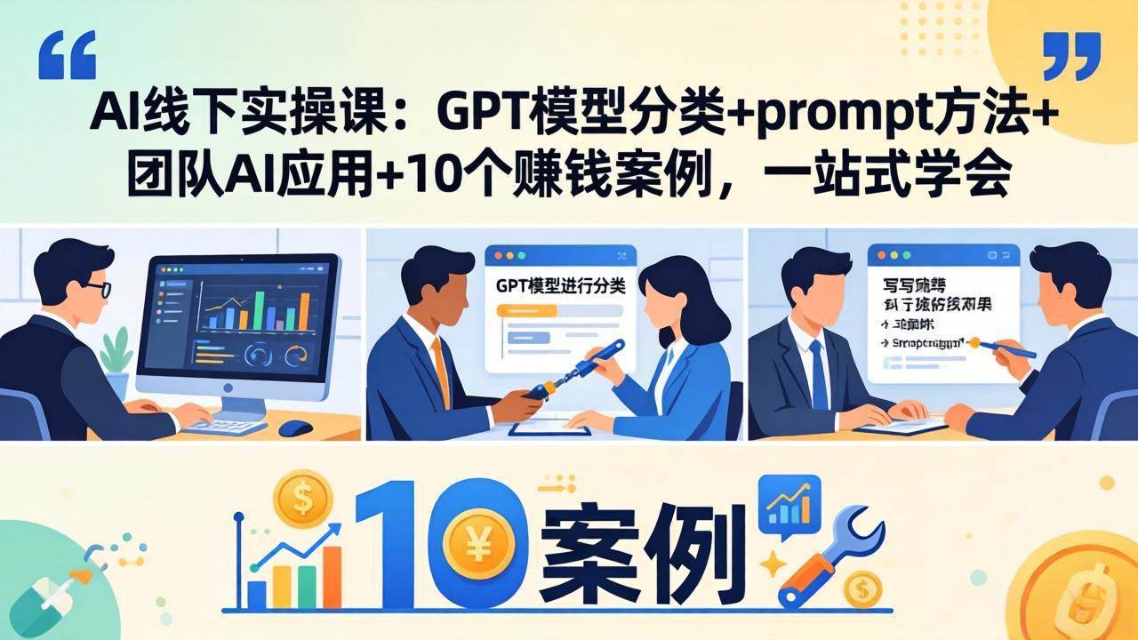 AI线下实操课:GPT模型分类+prompt方法+团队AI应用+10个赚钱案例,一站式学会