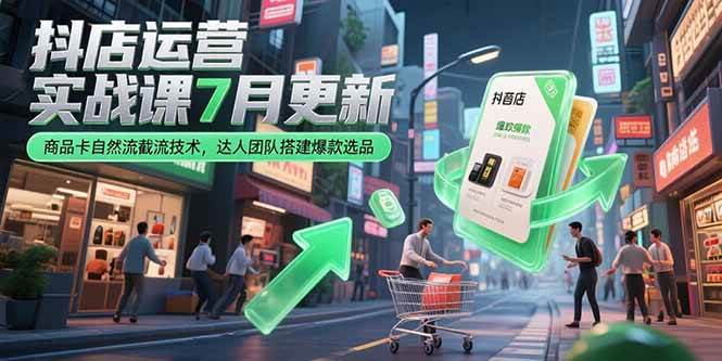 抖店运营实战课7月更新，商品卡自然流截流技术，达人团队搭建爆款选品