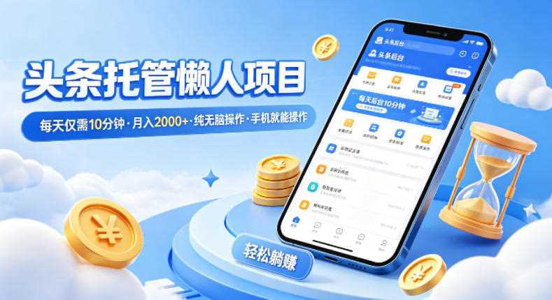 头条托管懒人项目，每天仅需10分钟，月入2000+，纯无脑操作，手机就能操作【揭秘】