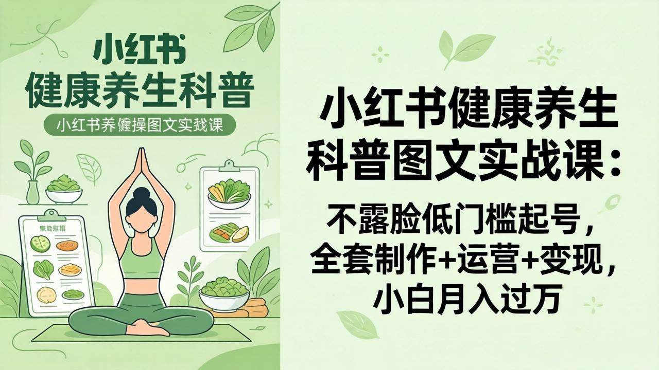 2026小红书健康养生科普图文实战课：不露脸低门槛起号，全套制作+运营+变现，小白月入过万