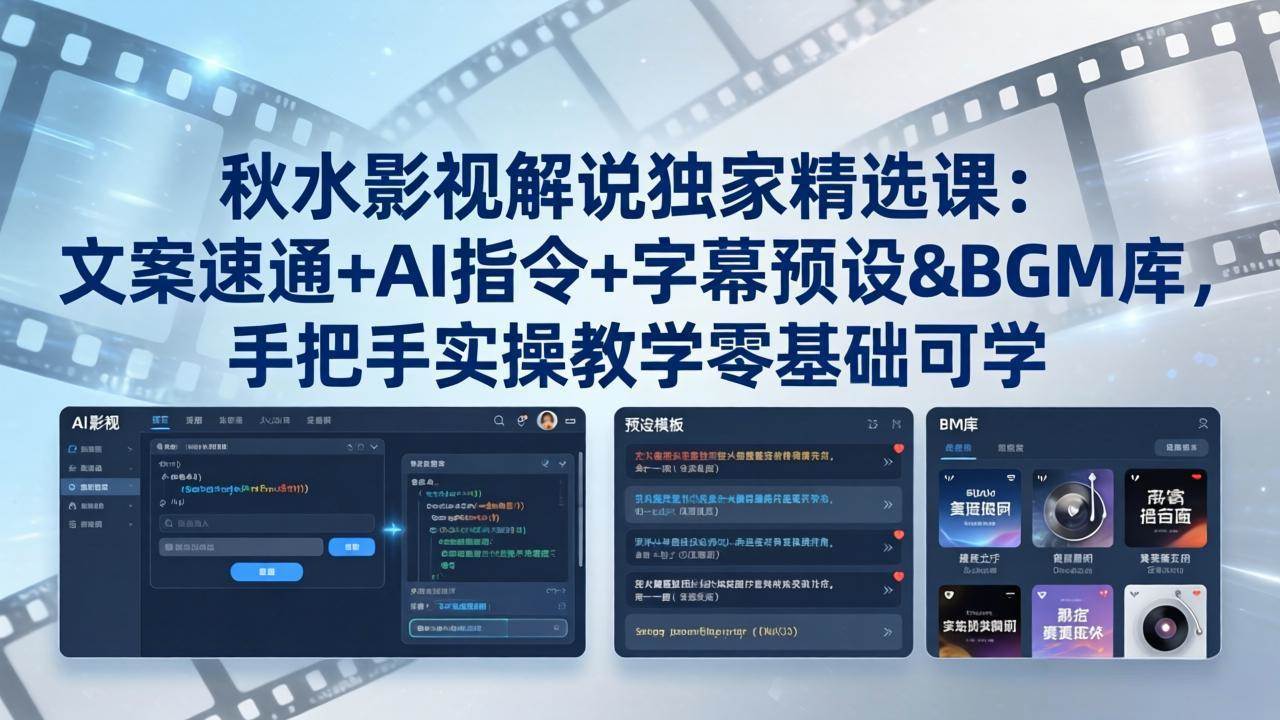 秋水影视解说独家精选课：文案速通+AI指令+字幕预设+BGM库，手把手实操教学零基础可学