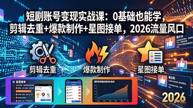 短剧账号变现实战课：0基础也能学，剪辑去重+爆款制作+星图接单，2026流量风口