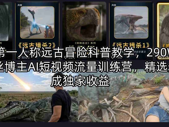 AI第一人称远古冒险科普教学，290W粉丝博主AI短视频流量训练营，精选分成独家收益